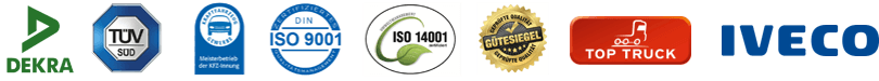 Logos der Schaeflein Truck Service Partner - Dekra TÜV Süd TOP Truck IVECO und Auszeichnungen wie Gütesigel ISO 14001 und ISO 9001